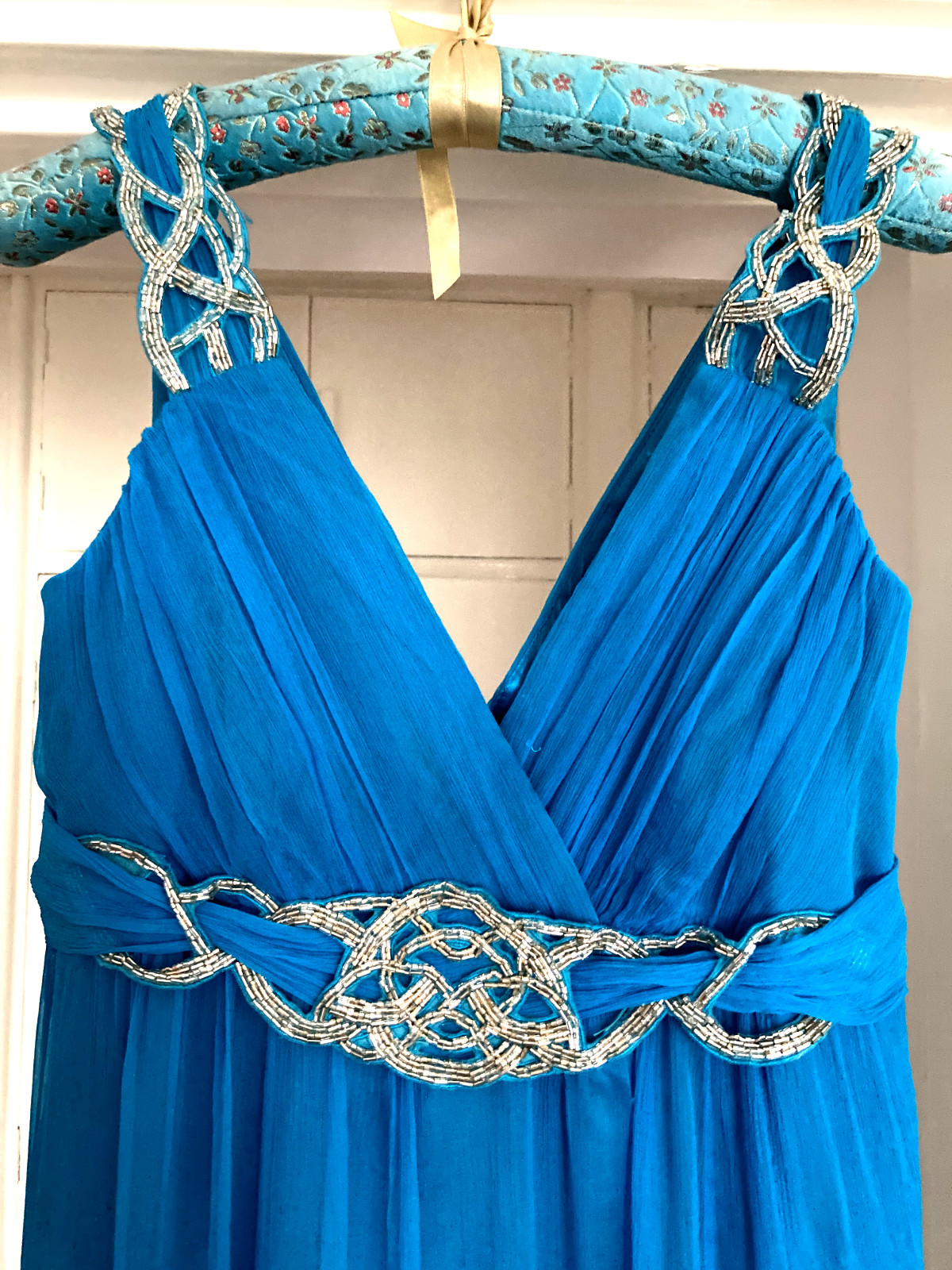 MONSOON-Peacock blue sequined 100% silk long dress. S - Gem