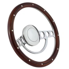 14 Inch Polished Nostalgia Polished Steering Wheel Wood Grip Aluminum Rivets