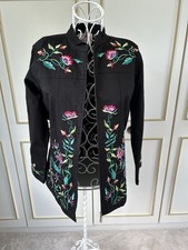 Quacker Factory Black Embroidered Jacket Size S Sequinned & Beaded, Zip Front