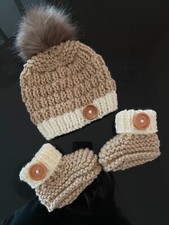 Hand Knitted Newborn Baby Chunky Pom Pom Beanie and Bootees Set