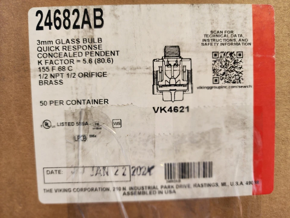 CABEZAL ROCIADOR CONTRA INCENDIOS COLGANTE OCULTO RESPUESTA RÁPIDA VK4621 24682-AB CAJA DE 50  Foto 2 de 2