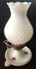 Vintage White Hobnail Milk Glass Hurricane Lamp Ceramic Base Flowers & Gold Trim