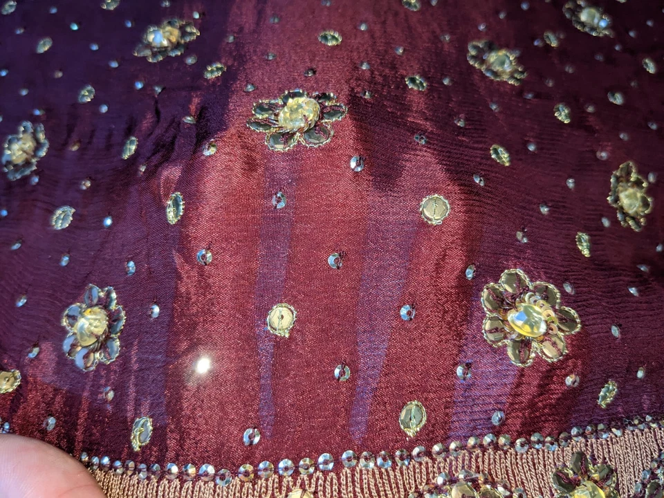 Chal de danza del vientre vintage bordado 100 % seda sari boho envolvente lentejuelas rojas óxido Foto 2 de 4