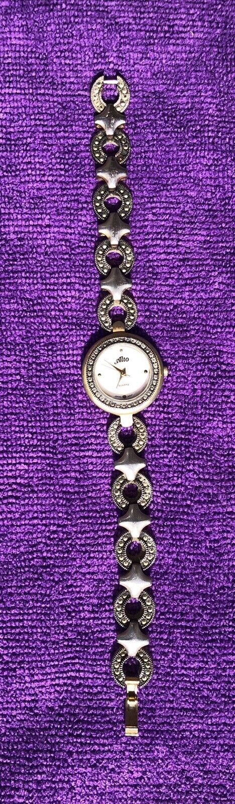 Vintage ALTO Quartz Marcasite and Mother of Pearl, Brushed Metal Watch