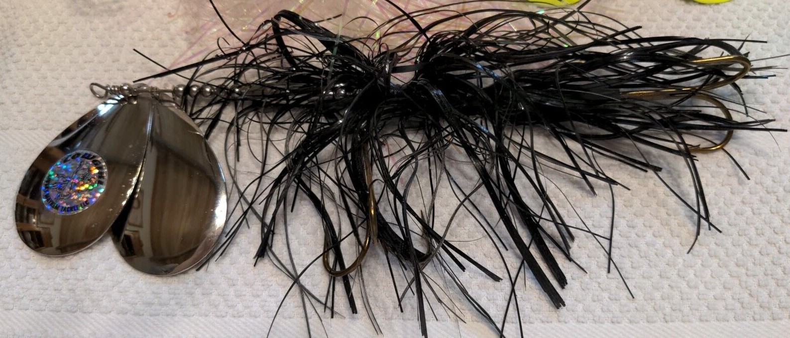 Tinsel Elvis Buchertail and Musky Mayhem Black Cowgirl Musky Lures Double Bladed - Image 2