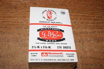 NOS Hammermill DeLuxe 2-1/2'' x 3-3/4'' Pad Dist. by F.W. Woolworth Co. 276 Sheets