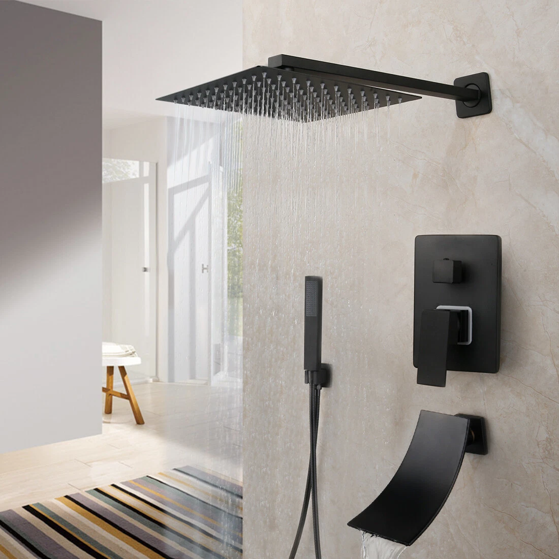 Balck 16" Rain Shower Head Mixer Valve Waterfall Tub Spout Hand Shower Tap Set