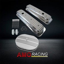 Polished Alum Short Valve Covers Fit SBC 1987-up283&12" Half Finned Air Cleaner