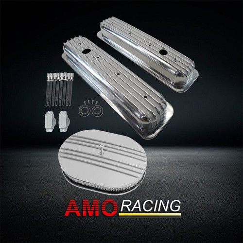 Polished Alum Short Valve Covers Fit SBC 1987-up283&12" Half Finned Air Cleaner