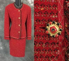 BEAUTIFUL St John couture knit red black fringe jacket skirt suit size 8 10