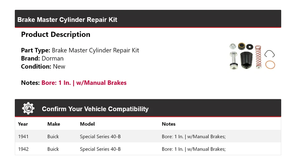 Kit de reparación de cilindro maestro de freno Dorman 40-B serie especial Buick 1941-1942 Foto 2 de 4