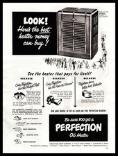 Calentador de aceite Perfection Stove Company 1949 3155 Cleveland Ohio anuncio impreso vintage