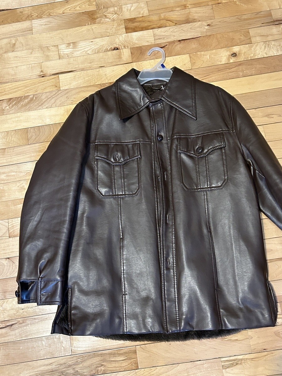 vintage jacket men JCPenney 1970 Faux Leather Brown Large Fleece