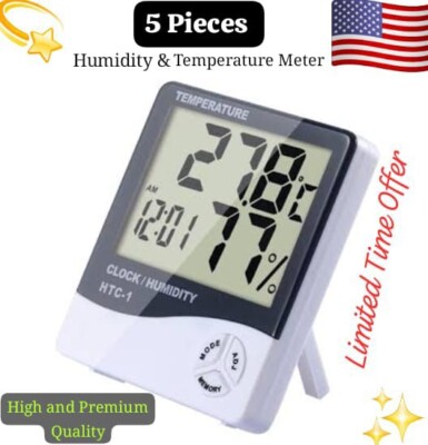 5 Piece Hygrometer Thermometer Temperature Humidity Meters HTC-1 W/Alarm Clock