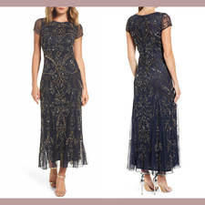 NWT Pisarro Nights 4 Embellished Beaded Mesh Column Gown in Navy/Gold S268