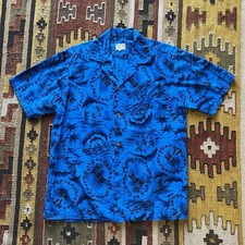 Vintage 1950s Hawaiian Waikiki Cotton Loop Collar Button Up Shirt - Blue