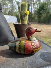 Hand Painted Wooden Duck Trinket Box Carved Folk Art Decoy Style Lift Off Lid
