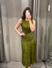 ZARA NWT XS WOMAN SS24 RUCHED JACQUARD MIDI DRESS GREEN | 3546/565 Size S