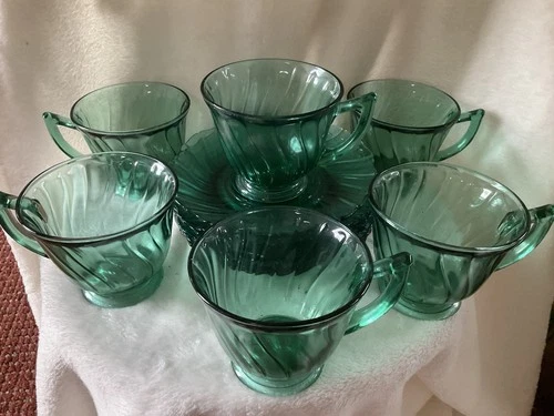 Vintage Jeanette Ultramarine SwirlDepression Glass Teacups and Saucers Set, 6