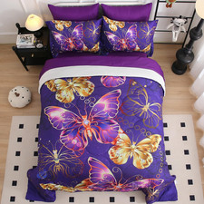 7 Piece Butterflies Comforter Set Queen Size 3D Gold Violet Butterflies Bedding