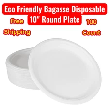 (100/Count) Eco-Friendly 10'' Disposable Bagasse PFAS Free Round Plates, White