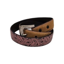 John Deere Girls Pink Western Embossed Rhinestone Buckle Leather Belt Sz Large