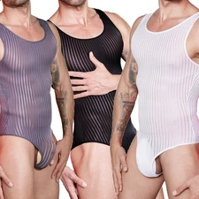 Striped Mesh See Through Men's One-piece Underwear Sexy Smooth Elastic Jumpsuit
