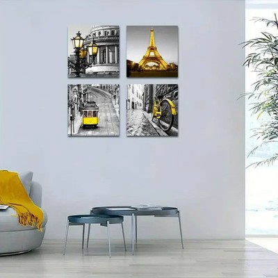 4pcs  Eiffel Tower, Vintage Tram & Charming Wall Art Canvas Unframed/Framed