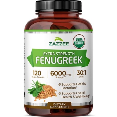Zazzee USDA Organic Fenugreek 30:1 Extract, 6000 mg Strength, 120 Vegan Capsules