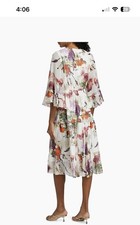 Kobe Halperin Floral Metallic Chiffon Tiered Midi Dress V-Neck Bell Sleeve