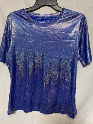 Women's Blue Glitter Solid Knit T-Shirt Round Neck Pullover Short Sleeve S