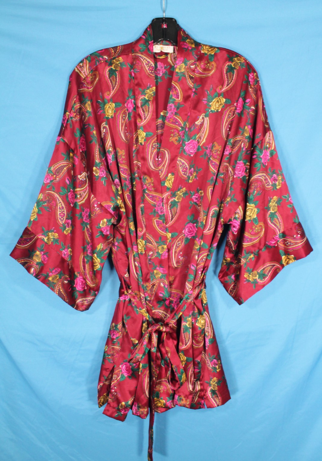 VTG VICTORIA'S SECRET Maroon SATIN Floral TIE BELT Gold Label LOUNGE ROBE Sz M