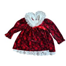 Vintage Christmas Dress Baby 12 Months Red Velveteen Floral Print Lace Collar