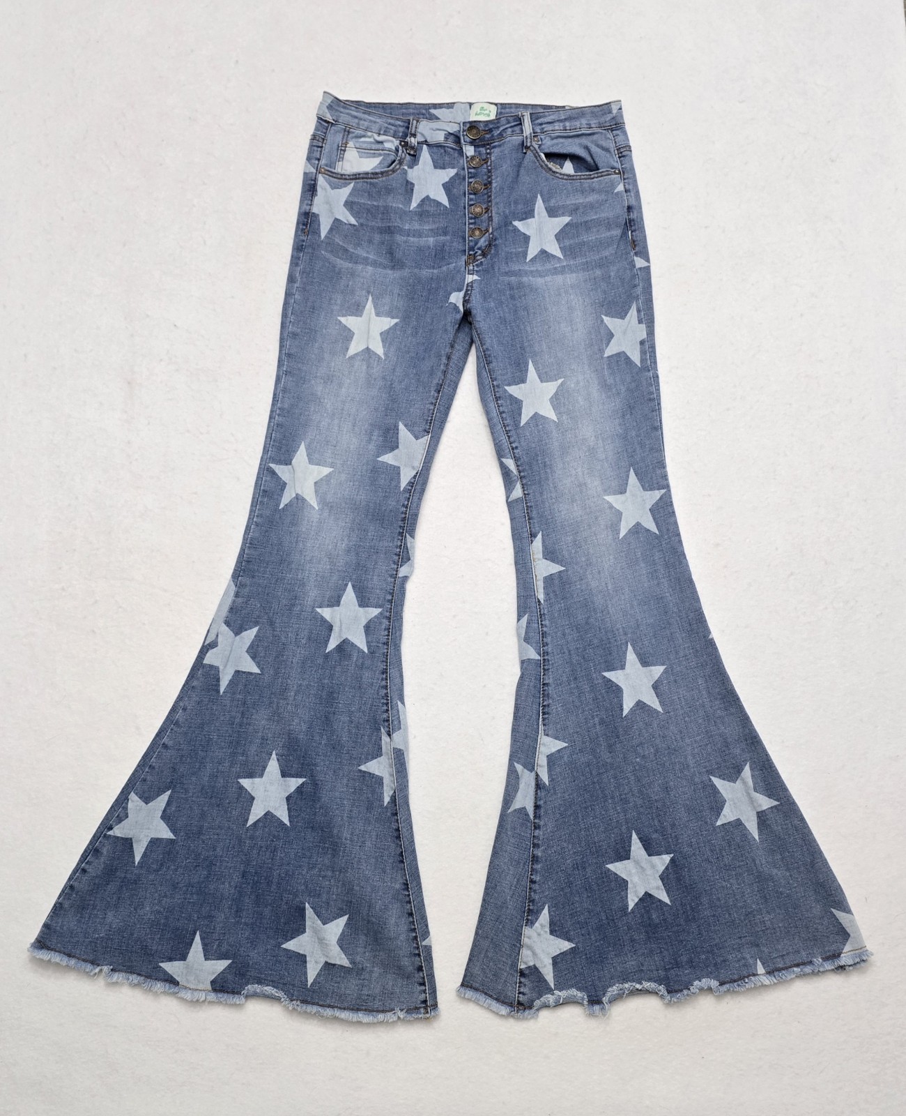 Blue Buttercup Mid-Rise Super Flare Jeans White Star Print Frayed Hem Size Large