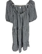 OLD NAVY DRESS Size Small Tall Puff Sleeve Charcoal Blue Coastal Tiered NEW