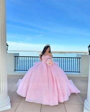 Pink Tulle Quinceanera Dress Ball Gown Beaded Ruffles Sweet 16 Dress Lace-up