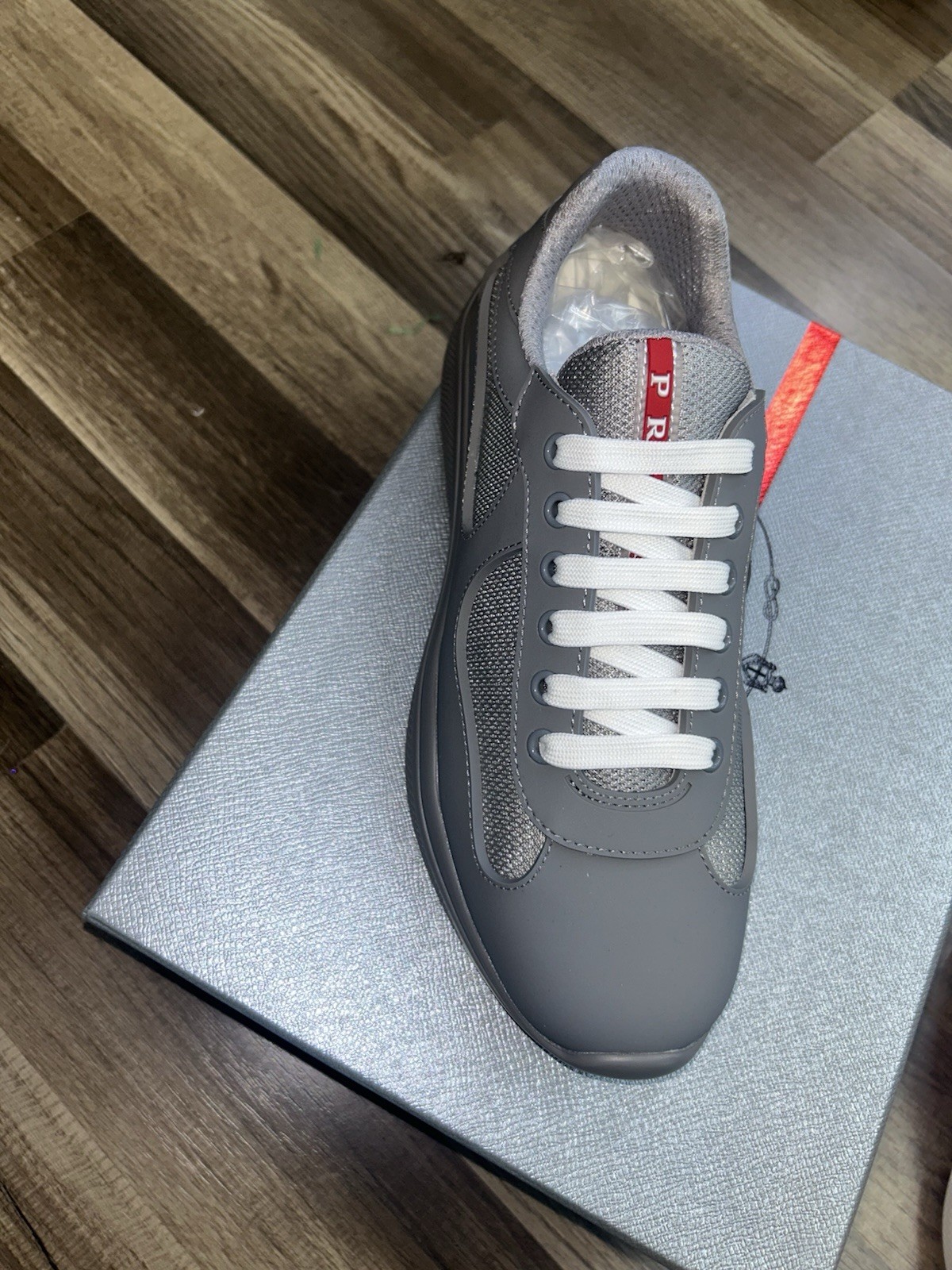 Prada Gray Leather Low Top Sneakers for Men