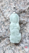 Pendentif Bouddha en Jade QUAN YIN vert clair bélière argent 925 Protection