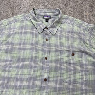 Patagonia A/C Shirt Men XL Green Blue Yarn Dyed Gauze Plaid 52921 Organic