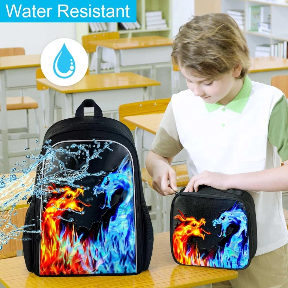 Mochila 3 PIEZAS para Niños, 16 Pulgadas Niños Rojo Azul Dragón de Fuego Resistente al Agua Pre... Foto 3 de 4
