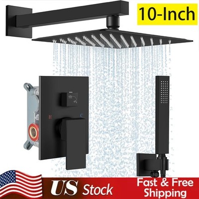 Black Shower Faucet Set 10'' Rainfall Shower Head Combo System with Mixer Valve