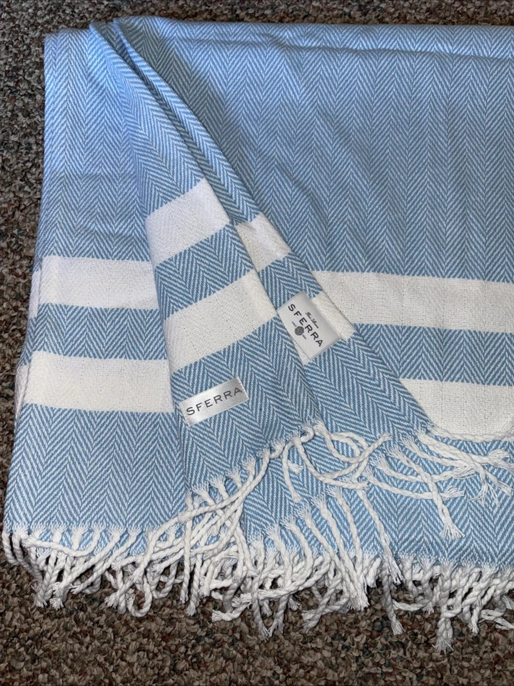 Manta Sferra 71"x 53” espiga, algodón flecos a rayas azul claro/blanco Foto 2 de 3