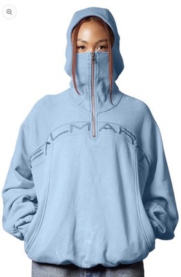 Balmain Men's Blue Half-Zip Logo Fleece Cotton Hoodie w/ Pockets Size M
