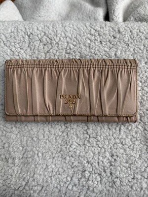 Prada Nappa Gaufre Leather Continental Long Flap Wallet Blush Gold Logo Italy