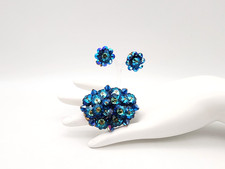VINTAGE VENDOME?? BLUE GREEN RIVOLI MARGARITA FLOWER RHINESTONE BROOCH/EARRINGS!