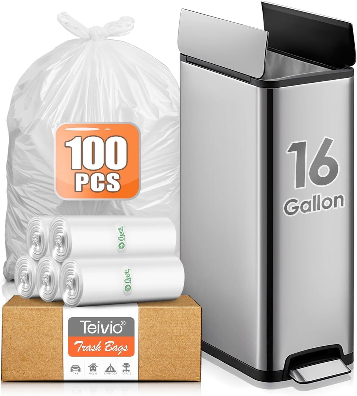 16 Gallon 100 Counts Strong Tall Kitchen Trash Bags,Fit 13,15,16,18Gal,Garbage