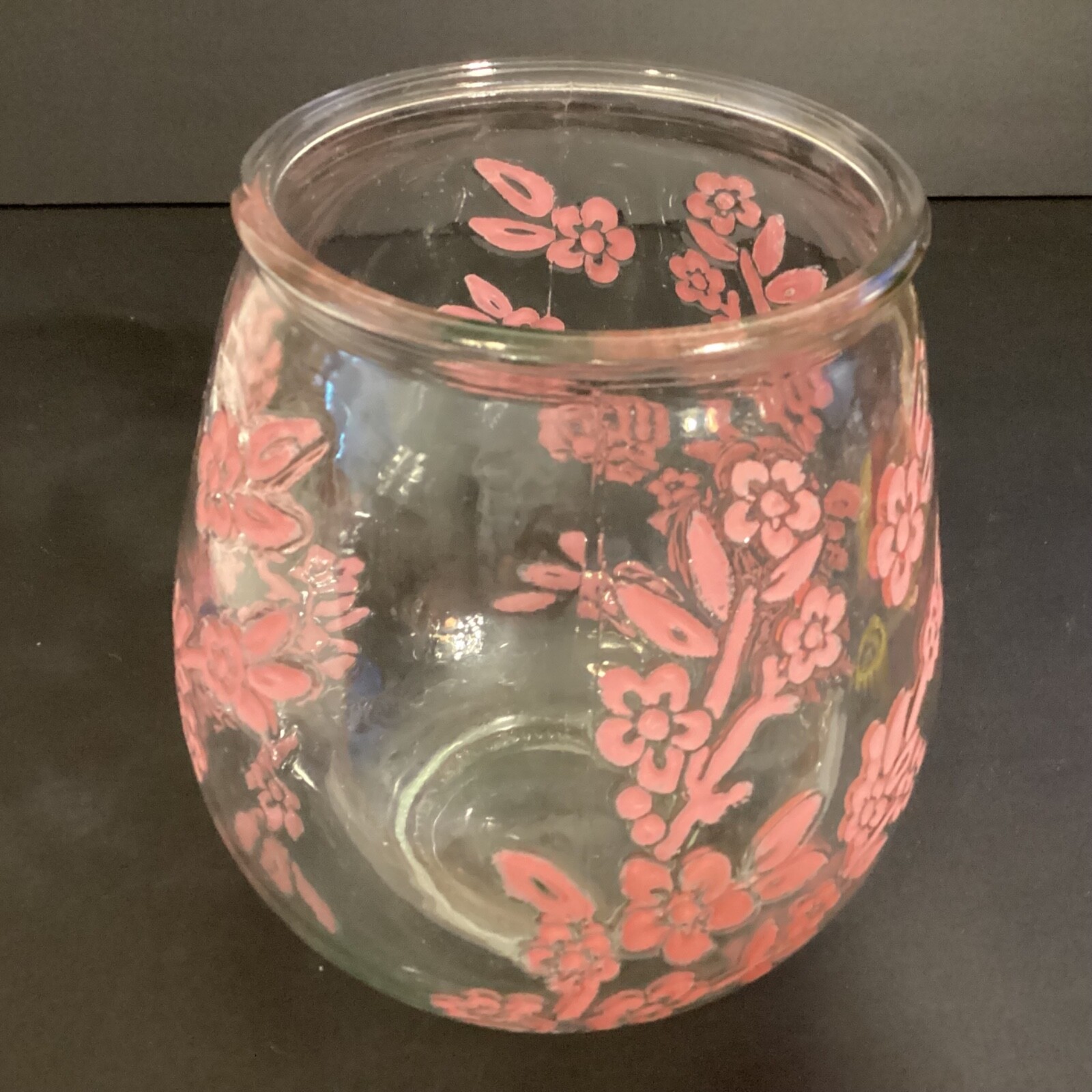 Old East Main Company Pink Floral on Clear Glass Vase or Candle Holder 7" Barrel
