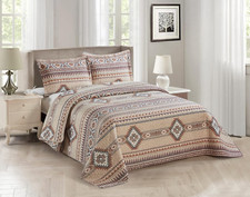 Beige Southwest Tribal Western 3 Piece Quilt Set King California King Coverlet