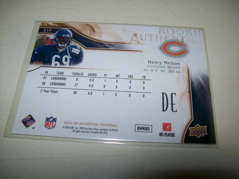 2009 UPPER DECK SP AUTHENTIC COPPER RC HENRY MELTON #217 #D/150 CHICAGO BEARS - Image 2 of 2