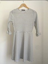 Cute Boohoo Striped Skater Dress - Frill Sleeve - White & Black - Size 8